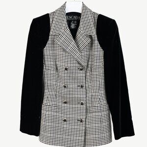 Escada Vintage Black White Houndstooth Double Breasted Velvet Blazer